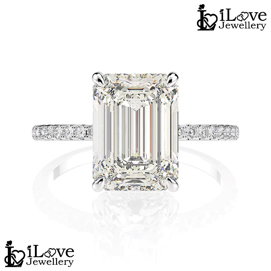 Emerald-Cut Solitaire Ring with Pave Band ILR025