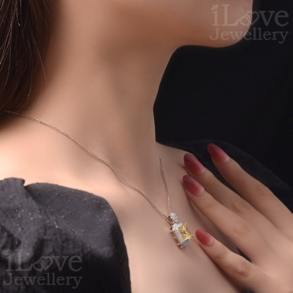 Yellow Square Pendant S925 Sterling Silver Chain ILN011