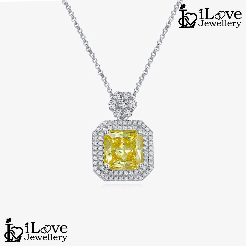 Yellow Square Pendant S925 Sterling Silver Chain ILN011