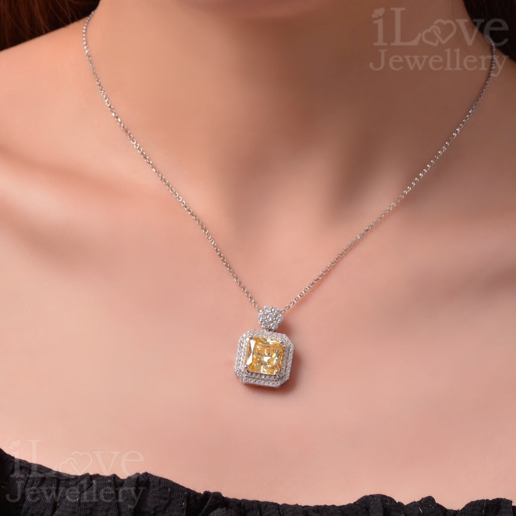 Yellow Square Pendant S925 Sterling Silver Chain ILN011