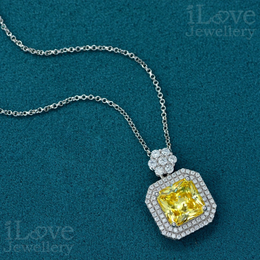 Yellow Square Pendant S925 Sterling Silver Chain ILN011