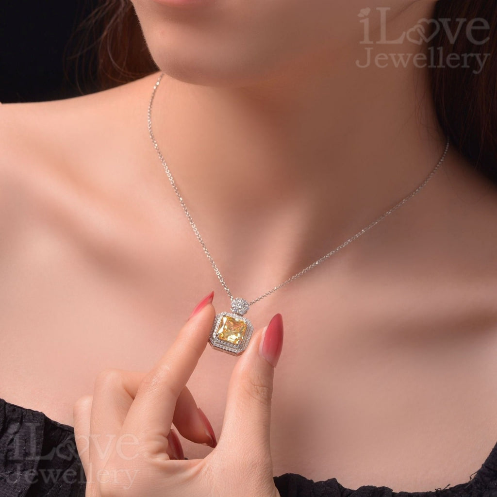 Yellow Square Pendant S925 Sterling Silver Chain ILN011