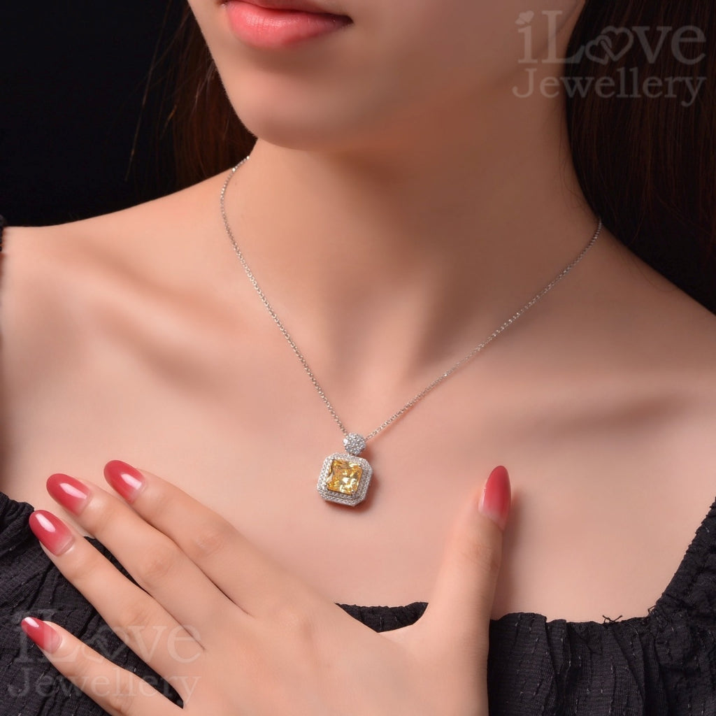 Yellow Square Pendant S925 Sterling Silver Chain ILN011