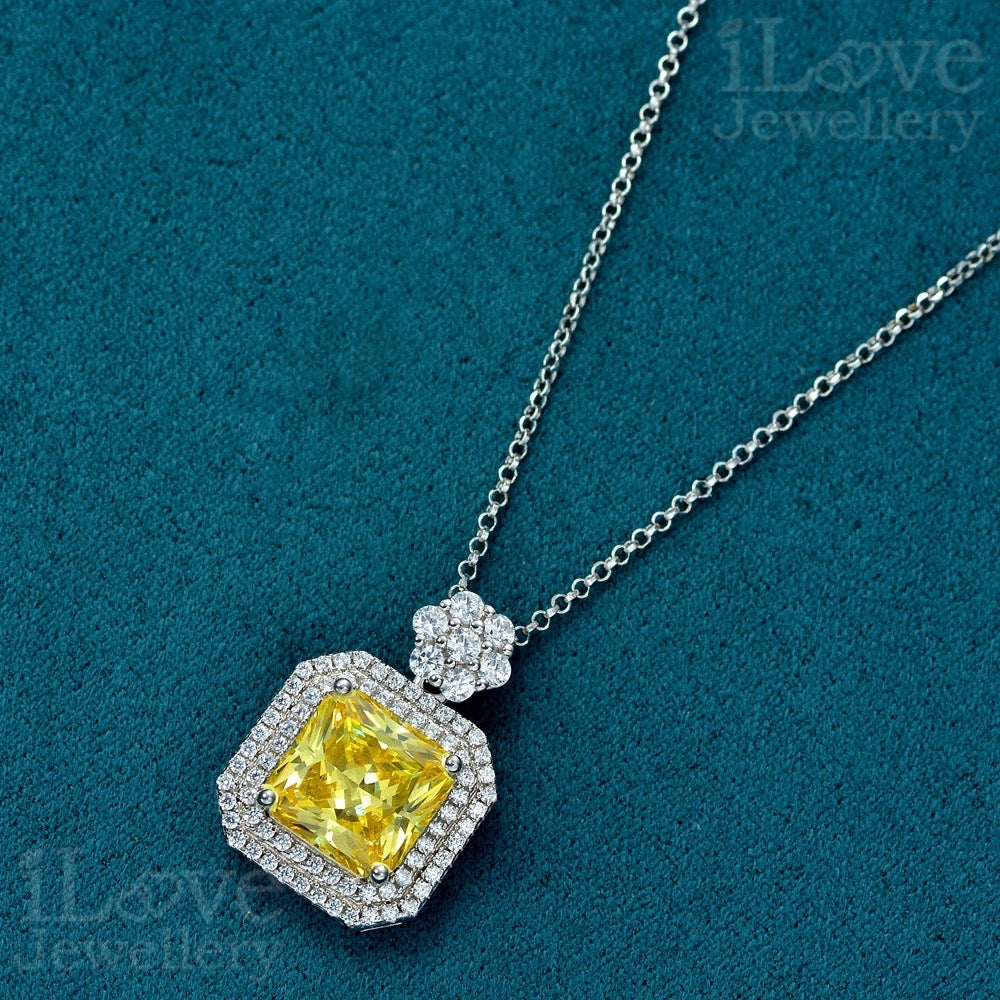 Yellow Square Pendant S925 Sterling Silver Chain ILN011