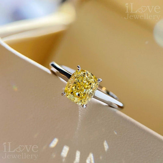 Yellow Cushion Cut CZ Solitaire Ring ILR064