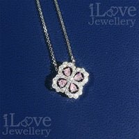 S925 Pink Four-Leaf Clover Pendant Cubic Zirconia Necklace ILN005