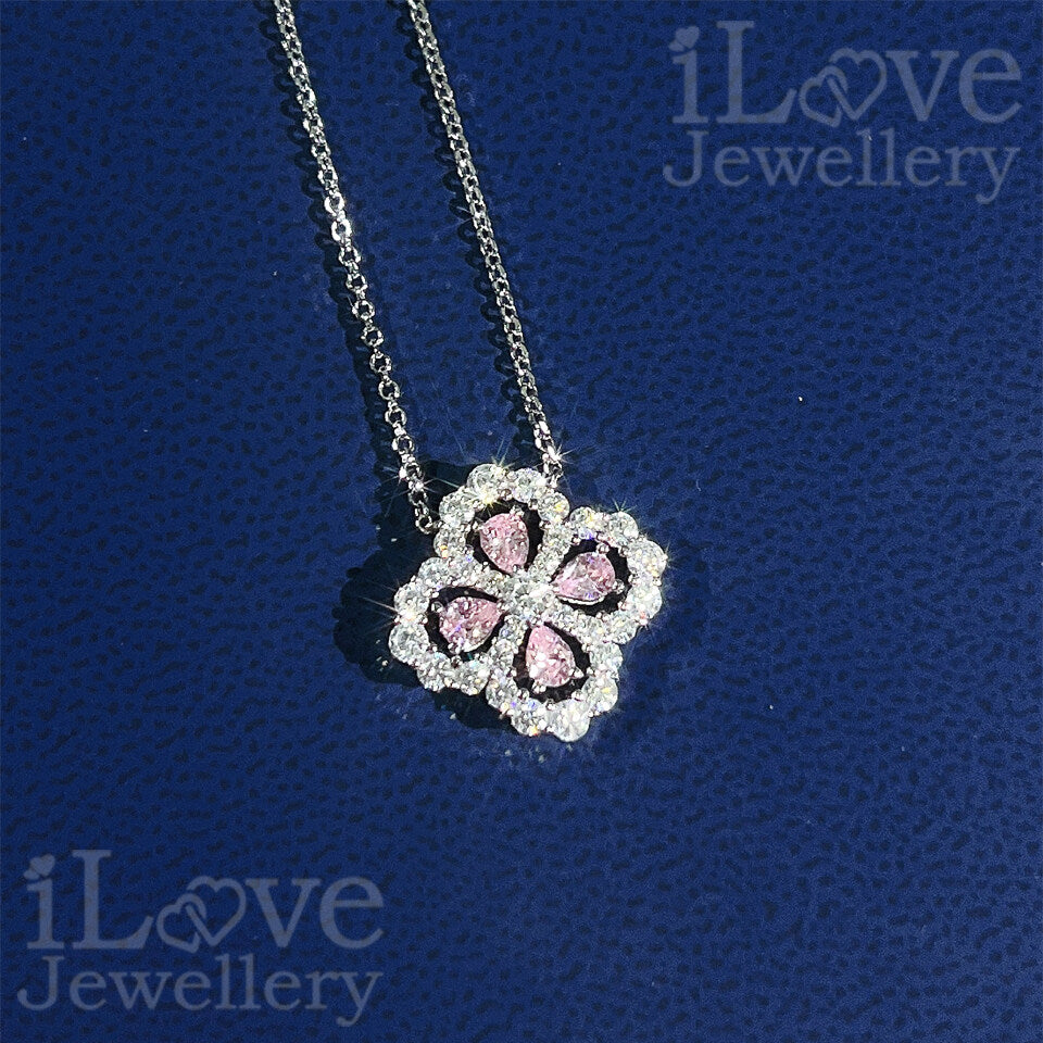 S925 Pink Four-Leaf Clover Pendant Cubic Zirconia Necklace ILN005