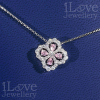 S925 Pink Four-Leaf Clover Pendant Cubic Zirconia Necklace ILN005