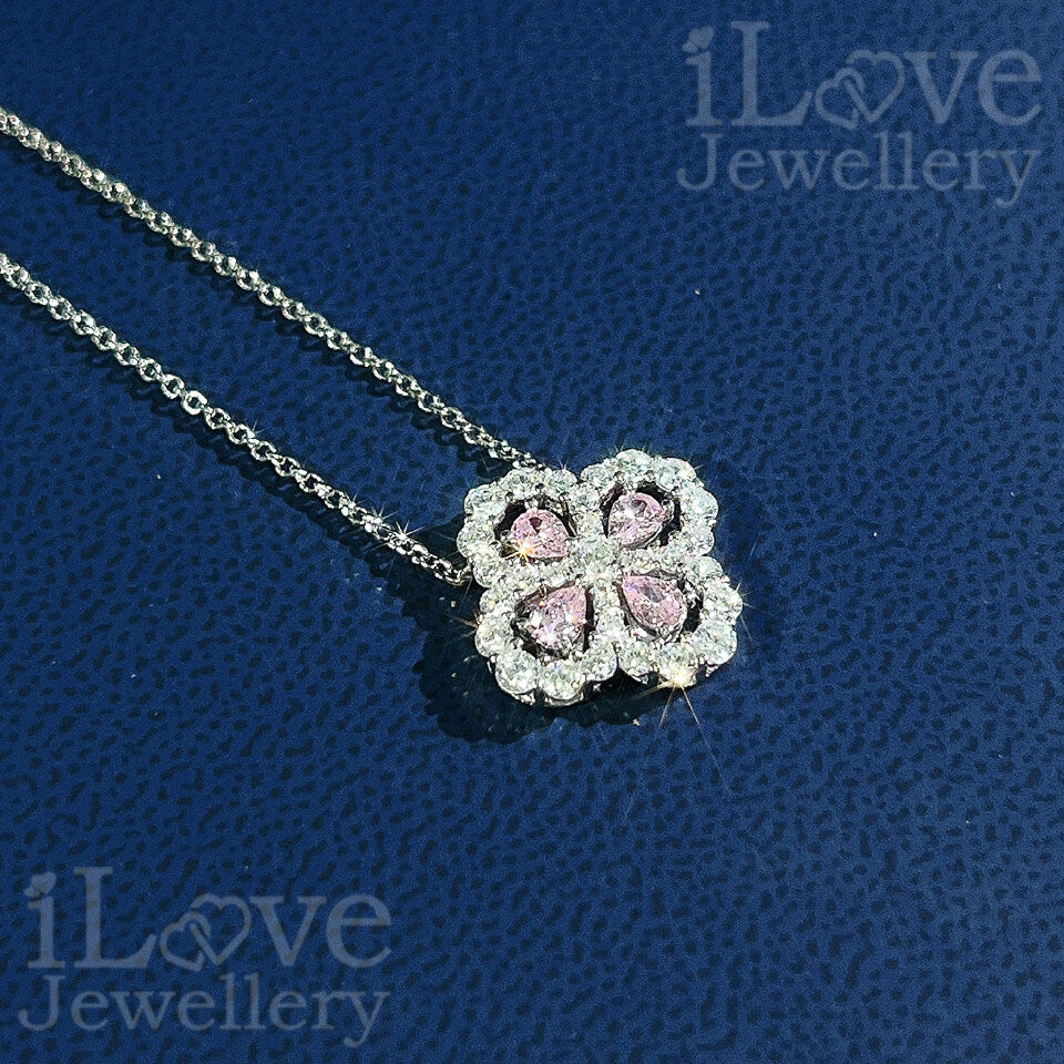 S925 Pink Four-Leaf Clover Pendant Cubic Zirconia Necklace ILN005