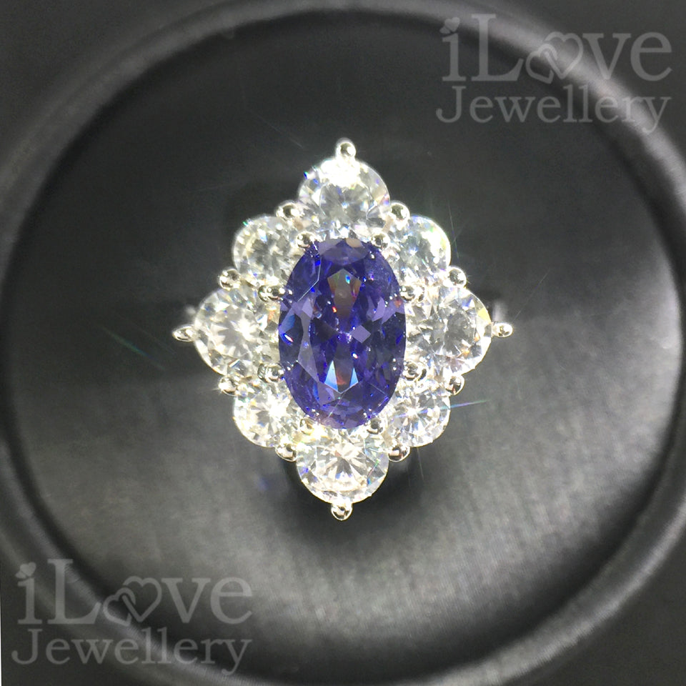 S925 1.5ct Tanzanite Blue Color Oval Cubic Zirconia Ring ILR001
