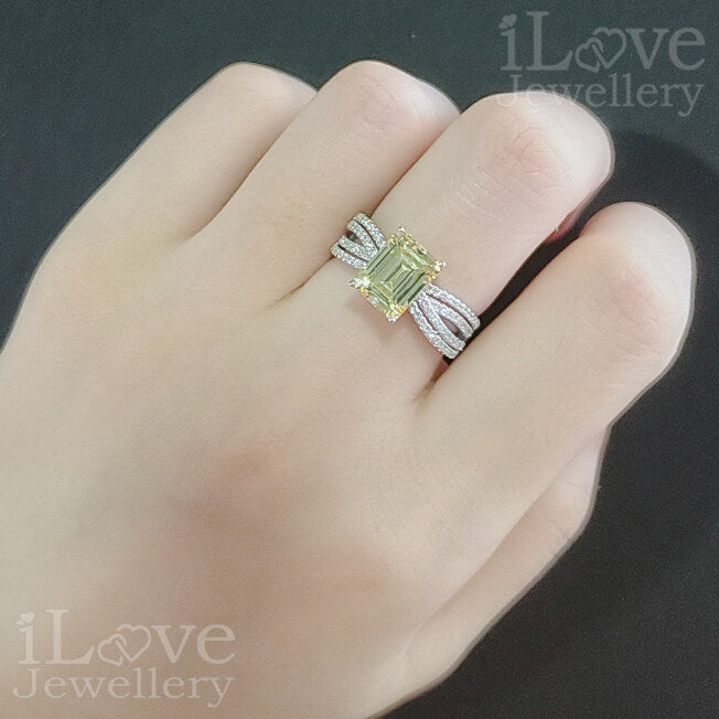 S925 Silver 2.3ct Light Yellow Emerald Cut Zirconia Ring ILR008