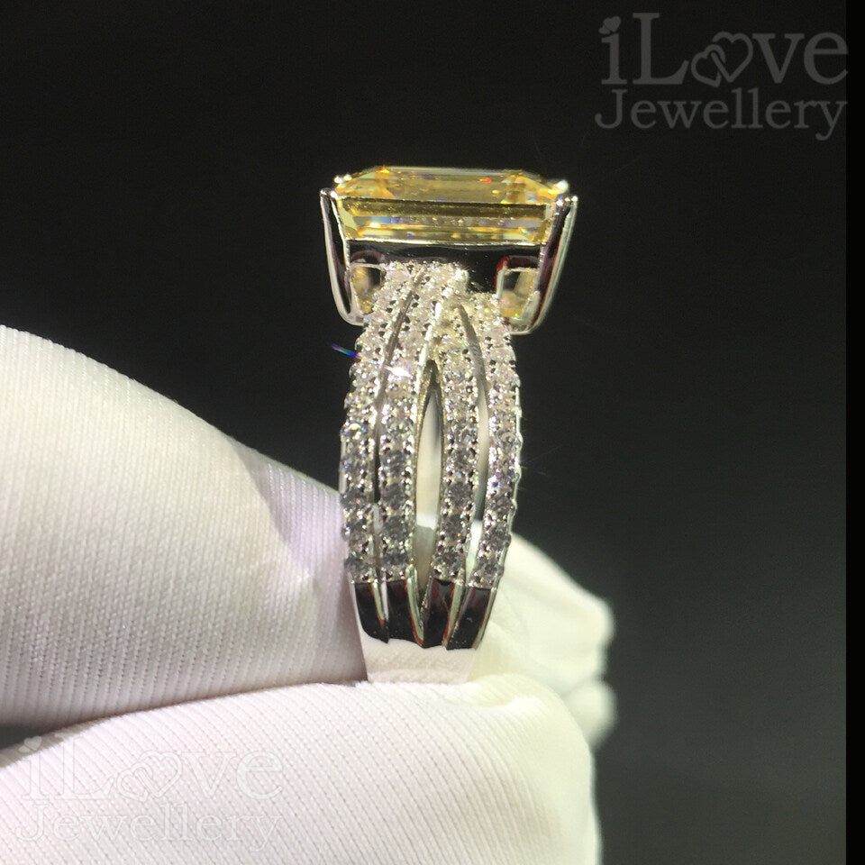 S925 Silver 2.3ct Light Yellow Emerald Cut Zirconia Ring ILR008