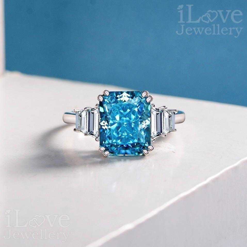 Ocean Blue Statement Ring with Baguette Accents ILR023