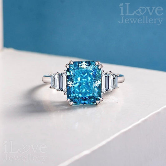 Ocean Blue Statement Ring with Baguette Accents ILR023