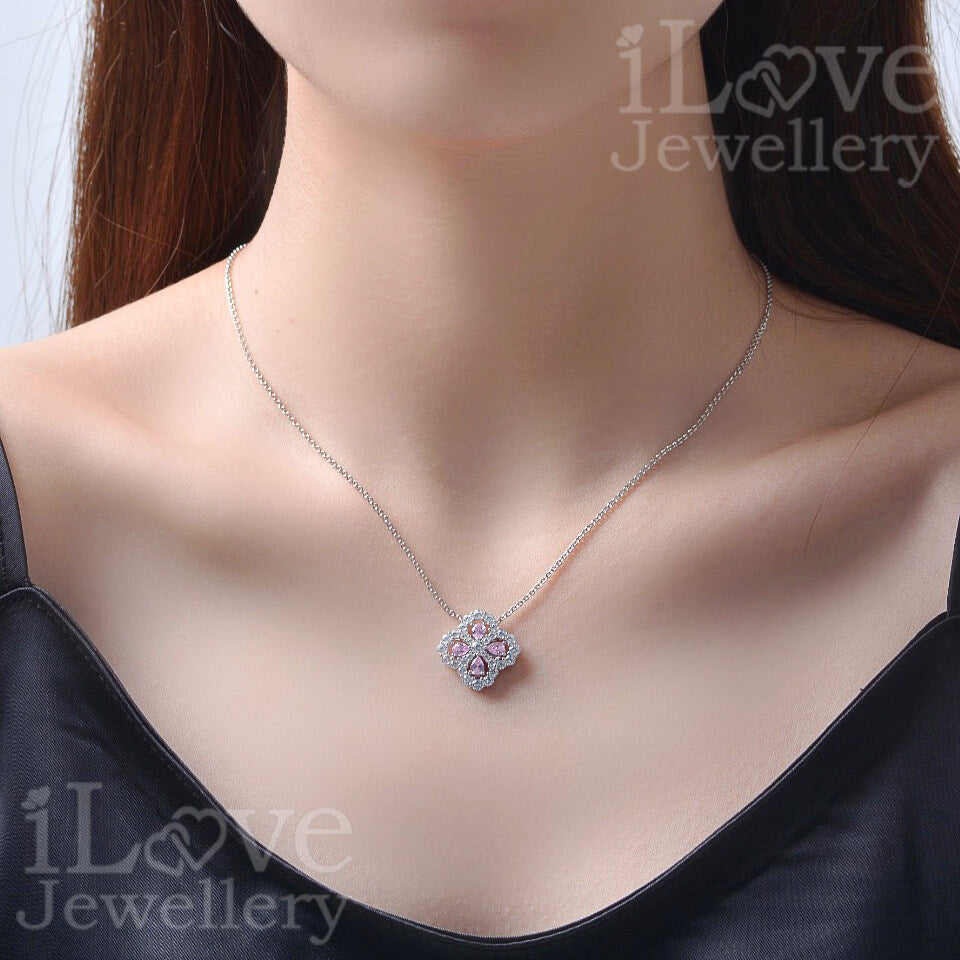 S925 Pink Four-Leaf Clover Pendant Cubic Zirconia Necklace ILN005