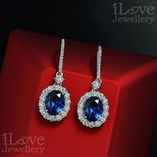 Sapphire-Blue Halo Drop Earrings ILE010
