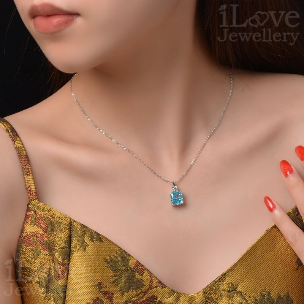 S925 Silver Sea Blue Color Cubic Zirconia Necklace ILN019