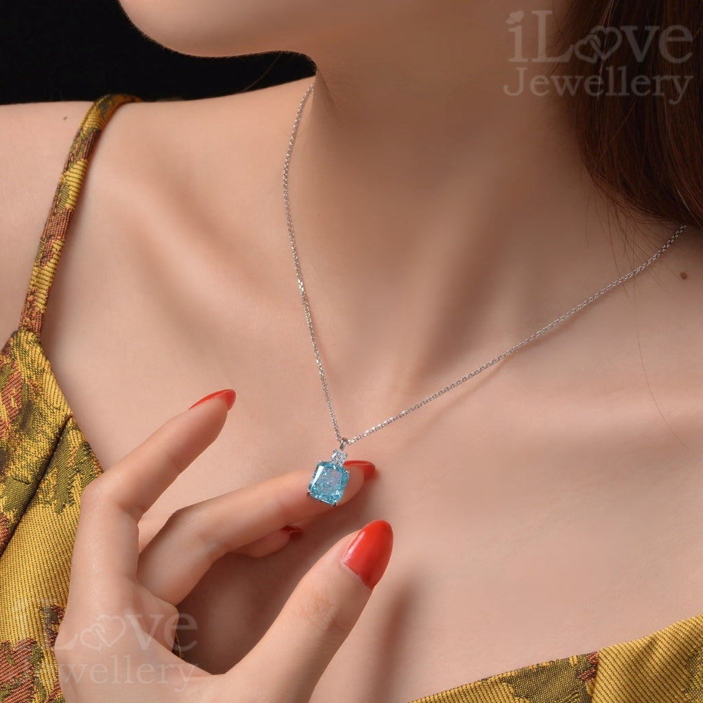 S925 Silver Sea Blue Color Cubic Zirconia Necklace ILN019
